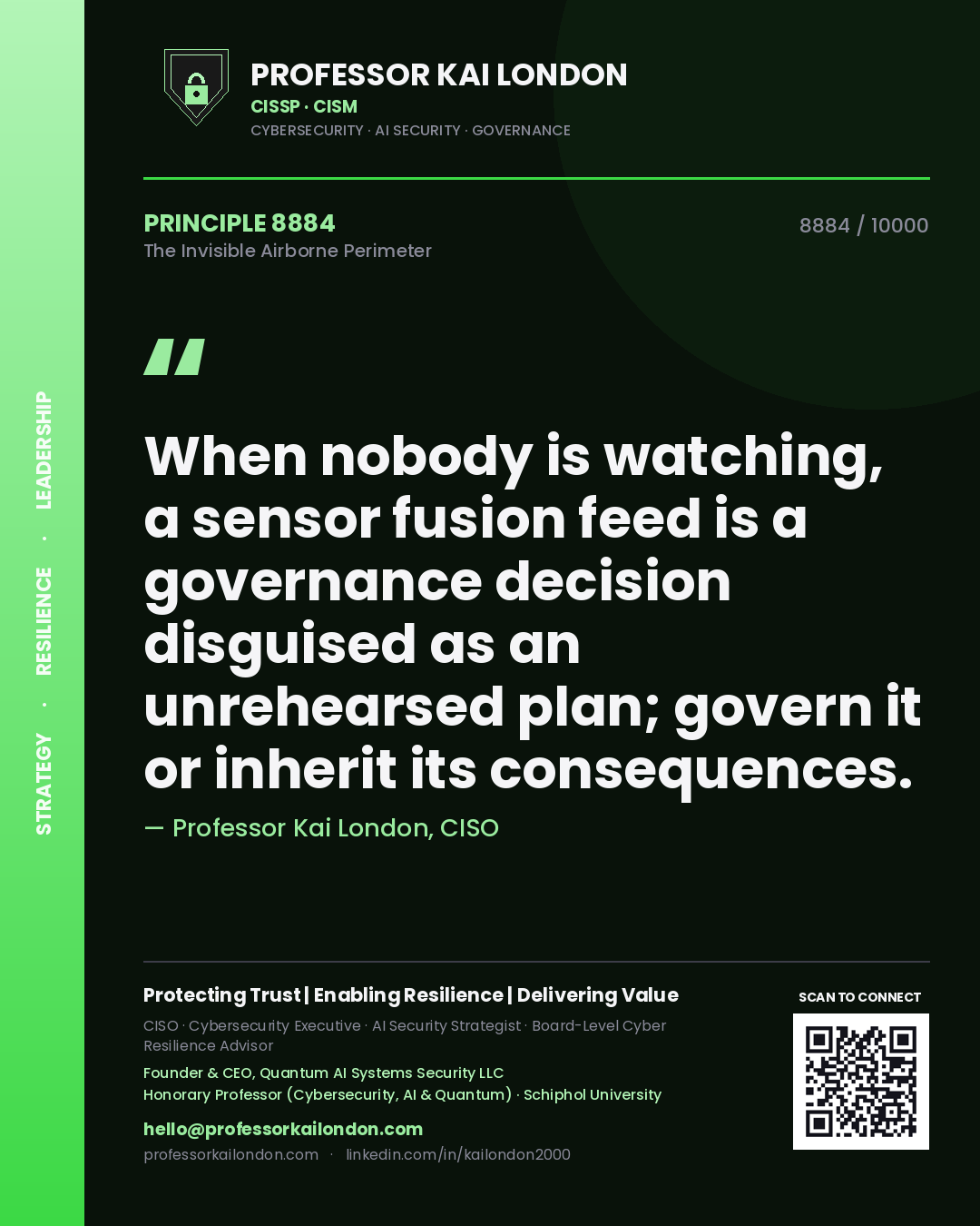 Quote card by Professor Kai London reading 'When nobody is watching, a sensor fusion feed is a governance decision disguised as an unrehearsed plan; govern it or inherit its consequences.'. From the book The Invisible Airborne Perimeter.