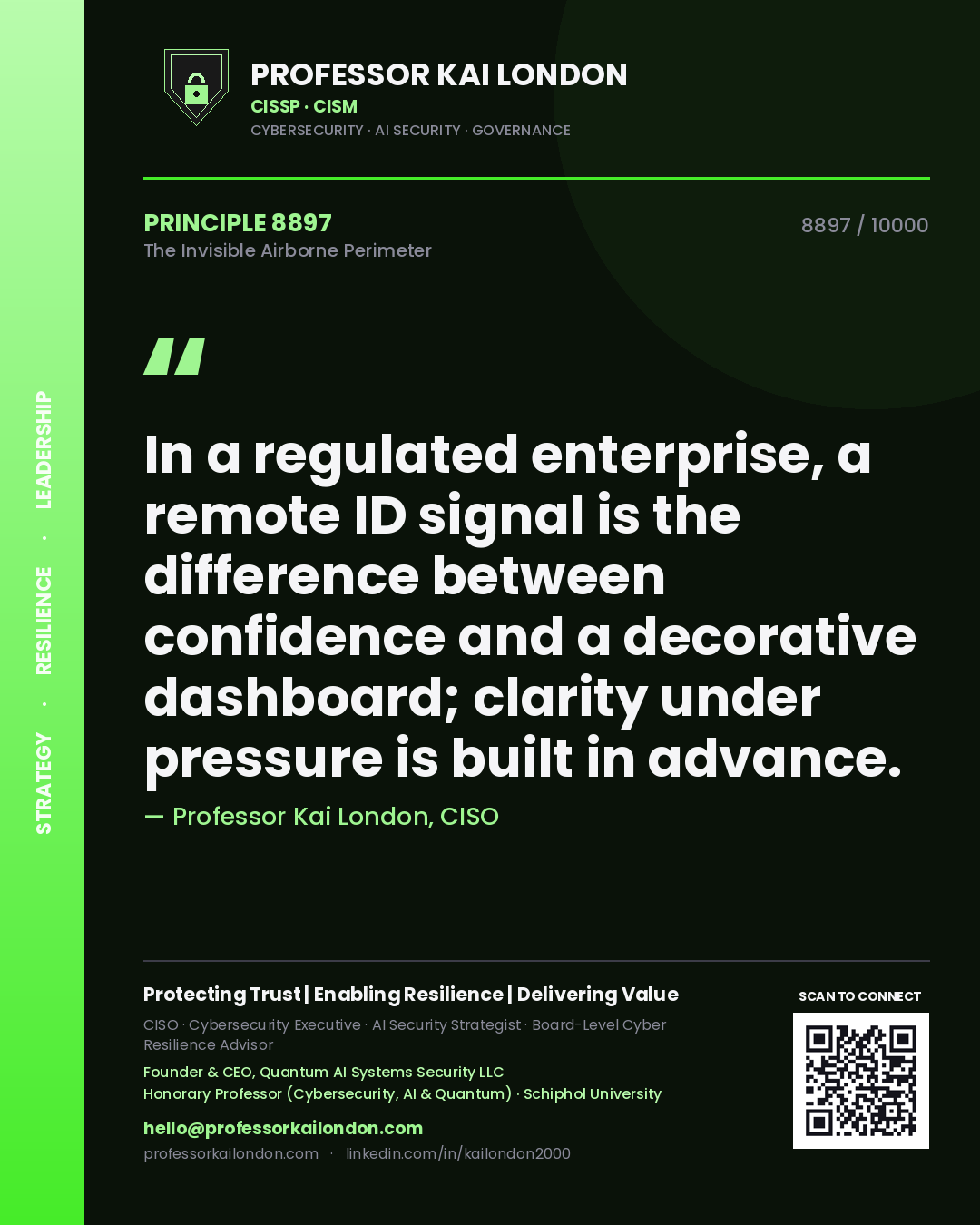 Quote card by Professor Kai London reading 'In a regulated enterprise, a remote ID signal is the difference between confidence and a decorative dashboard; clarity under pressure is built in advance.'. From the book The Invisible Airborne Perimeter.