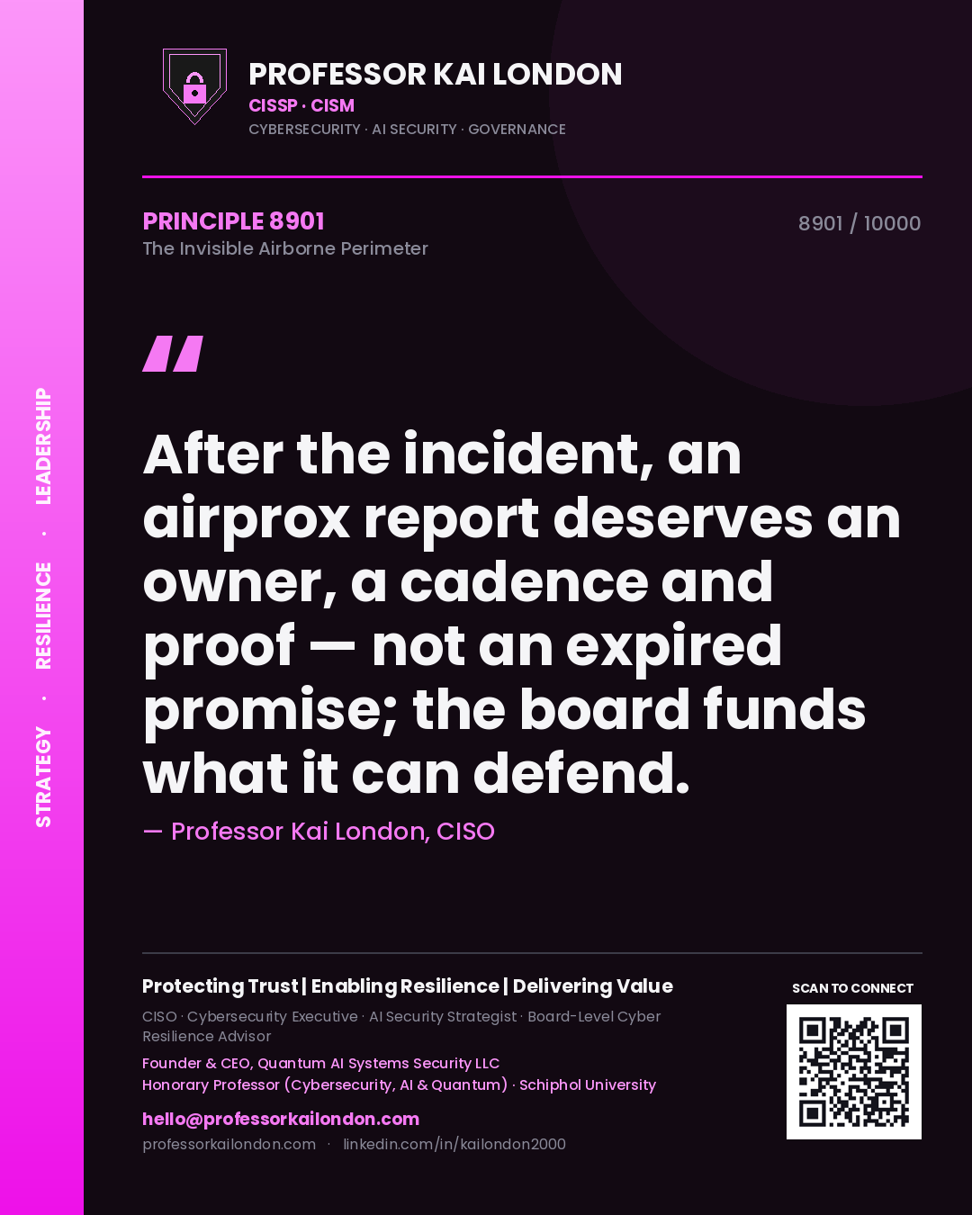 Professor Kai London principle 8901: After the incident, an airprox report deserves an owner, a cadence and proof — not an expired promise; the board funds what it can defend.