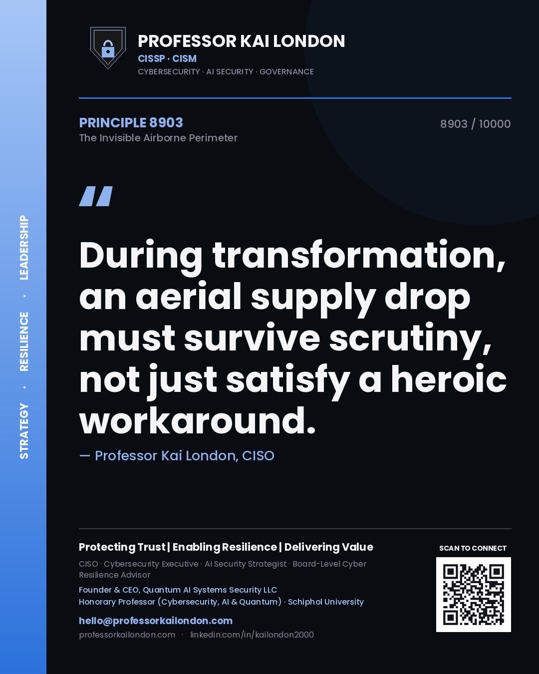 Professor Kai London principle 8903: During transformation, an aerial supply drop must survive scrutiny, not just satisfy a heroic workaround.