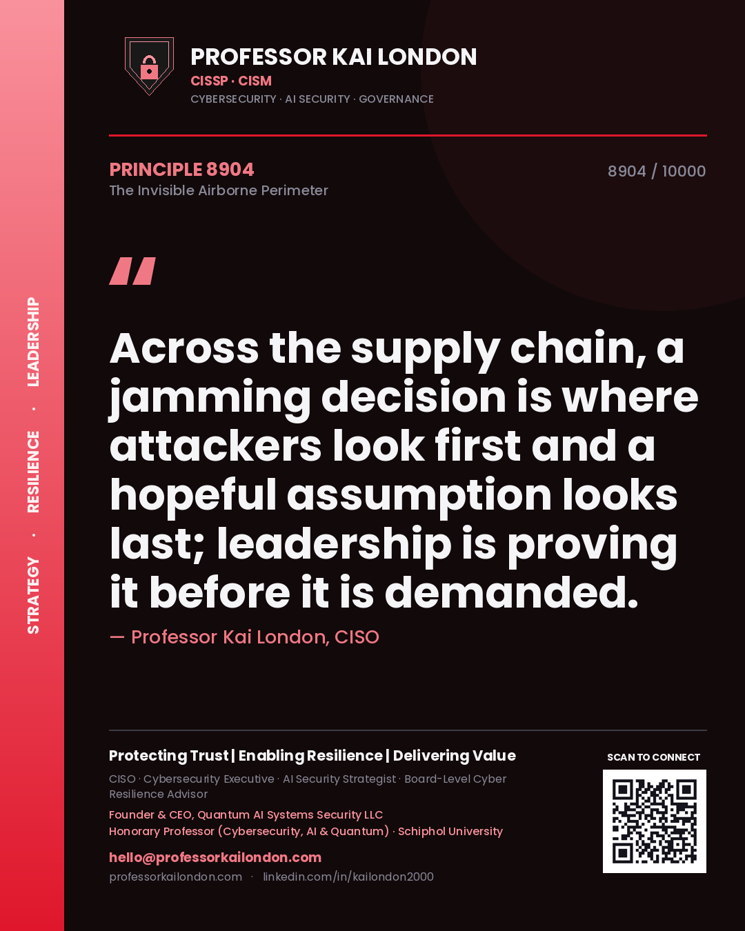 Professor Kai London principle 8904: Across the supply chain, a jamming decision is where attackers look first and a hopeful assumption looks last; leadership is proving it before it is demanded.