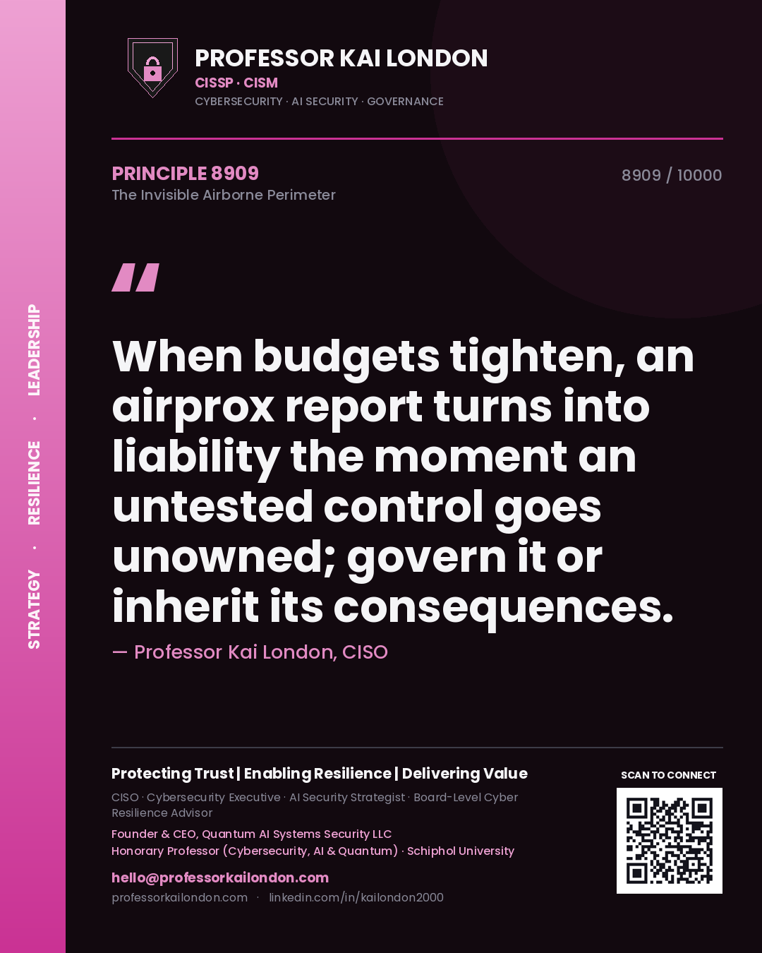 Professor Kai London principle 8909: When budgets tighten, an airprox report turns into liability the moment an untested control goes unowned; govern it or inherit its consequences.
