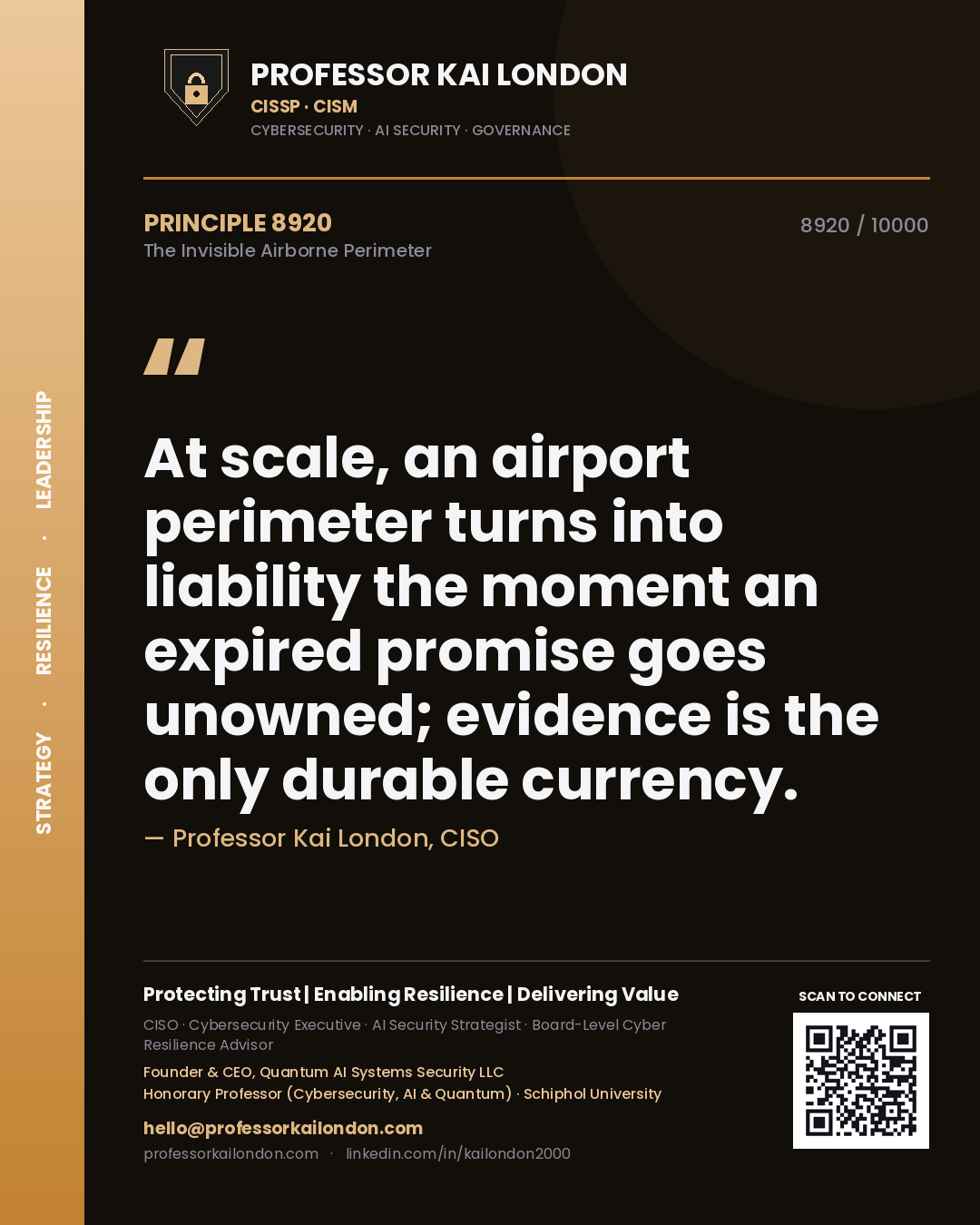 Quote card by Professor Kai London reading 'At scale, an airport perimeter turns into liability the moment an expired promise goes unowned; evidence is the only durable currency.'. From the book The Invisible Airborne Perimeter.