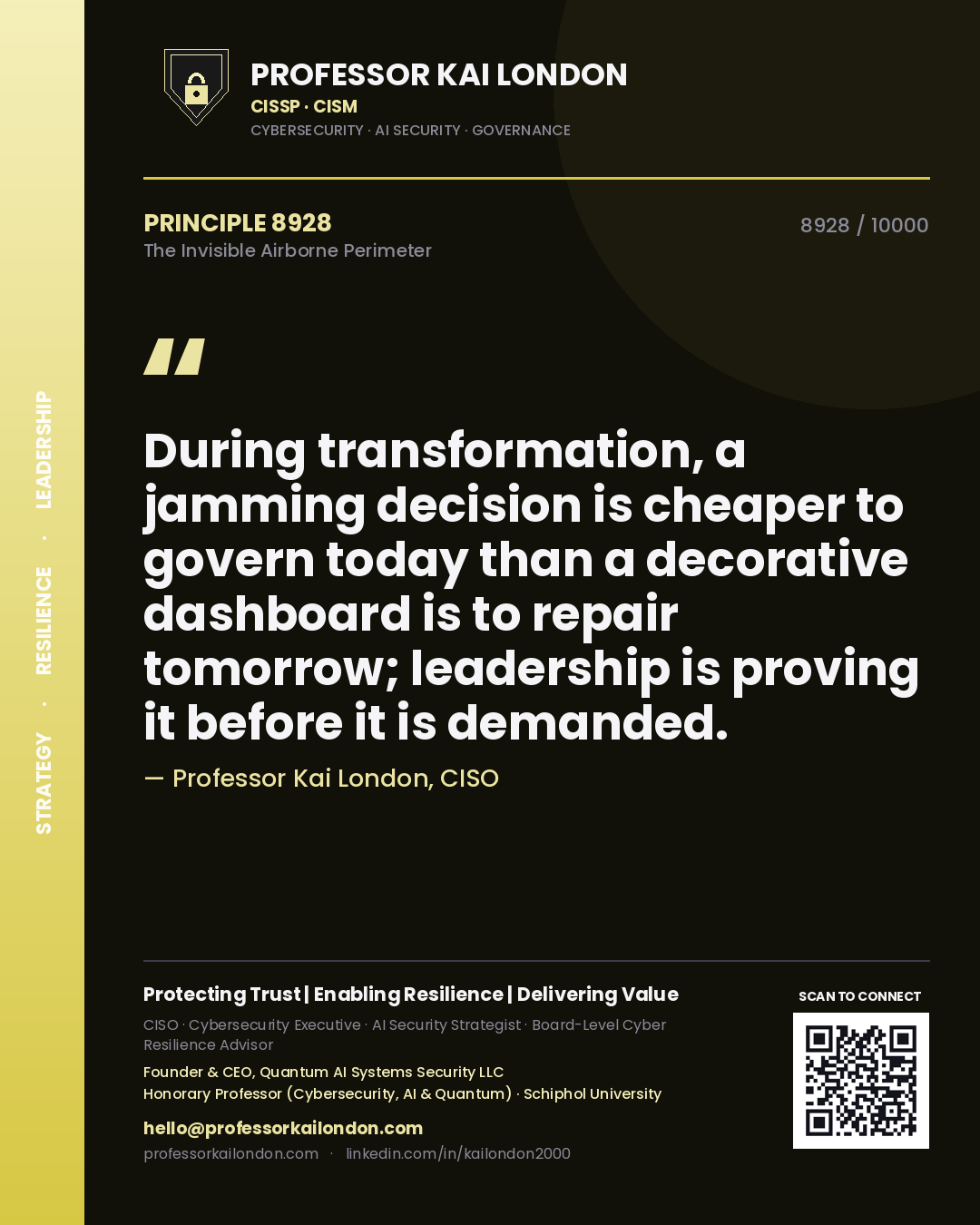 Quote card by Professor Kai London reading 'During transformation, a jamming decision is cheaper to govern today than a decorative dashboard is to repair tomorrow; leadership is proving it before it is demanded.'. From the book The Invisible Airborne Perimeter.
