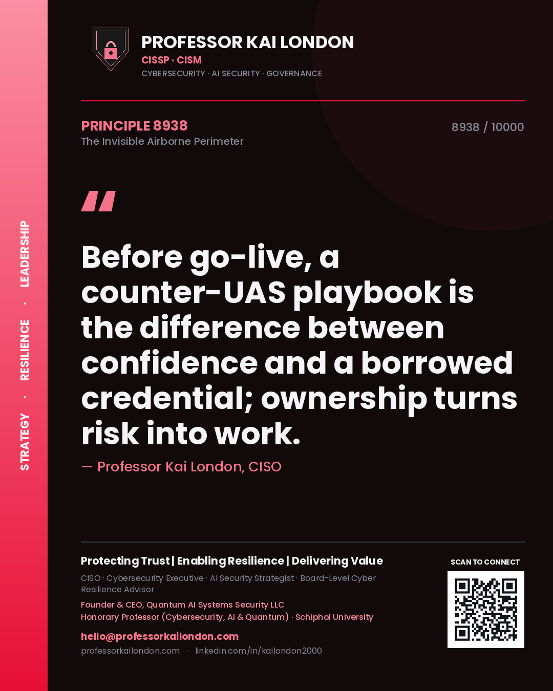 Quote card by Professor Kai London reading 'Before go-live, a counter-UAS playbook is the difference between confidence and a borrowed credential; ownership turns risk into work.'. From the book The Invisible Airborne Perimeter.
