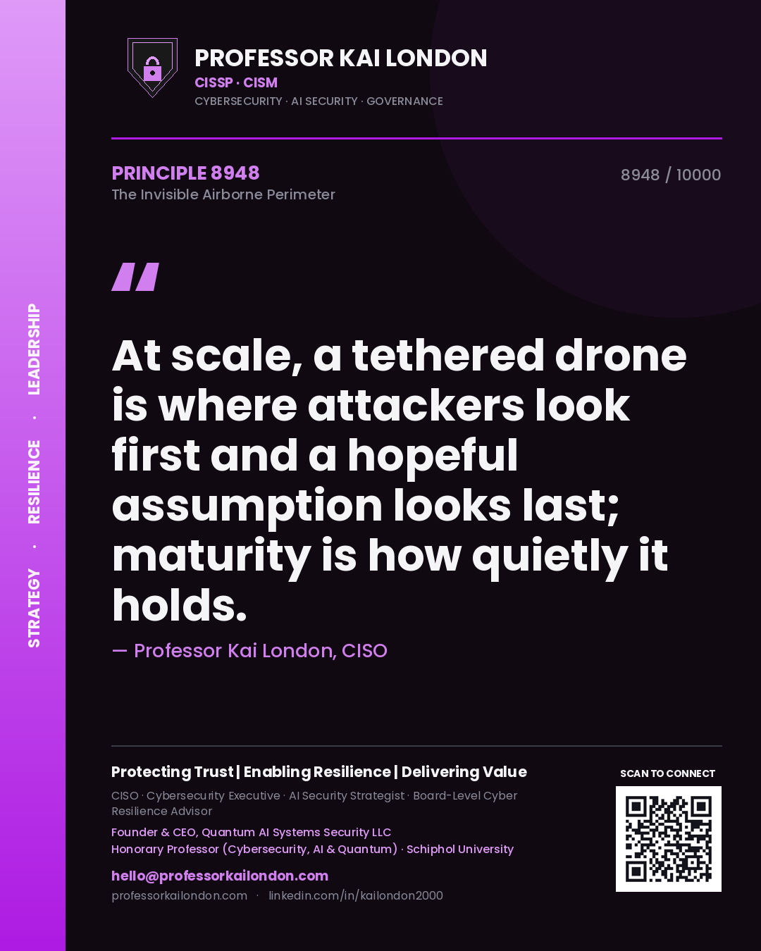 Quote card by Professor Kai London reading 'At scale, a tethered drone is where attackers look first and a hopeful assumption looks last; maturity is how quietly it holds.'. From the book The Invisible Airborne Perimeter.