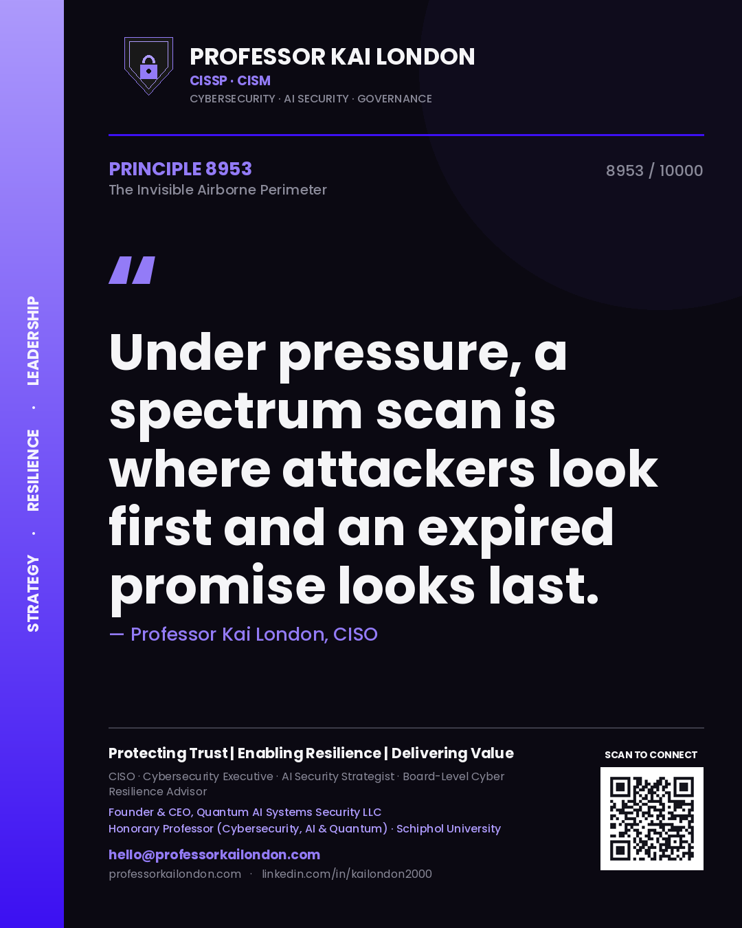 Quote card by Professor Kai London reading 'Under pressure, a spectrum scan is where attackers look first and an expired promise looks last.'. From the book The Invisible Airborne Perimeter.