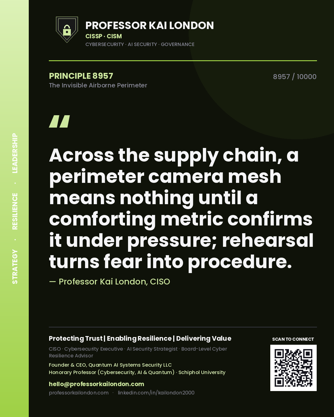 Professor Kai London principle 8957: Across the supply chain, a perimeter camera mesh means nothing until a comforting metric confirms it under pressure; rehearsal turns fear into procedure.