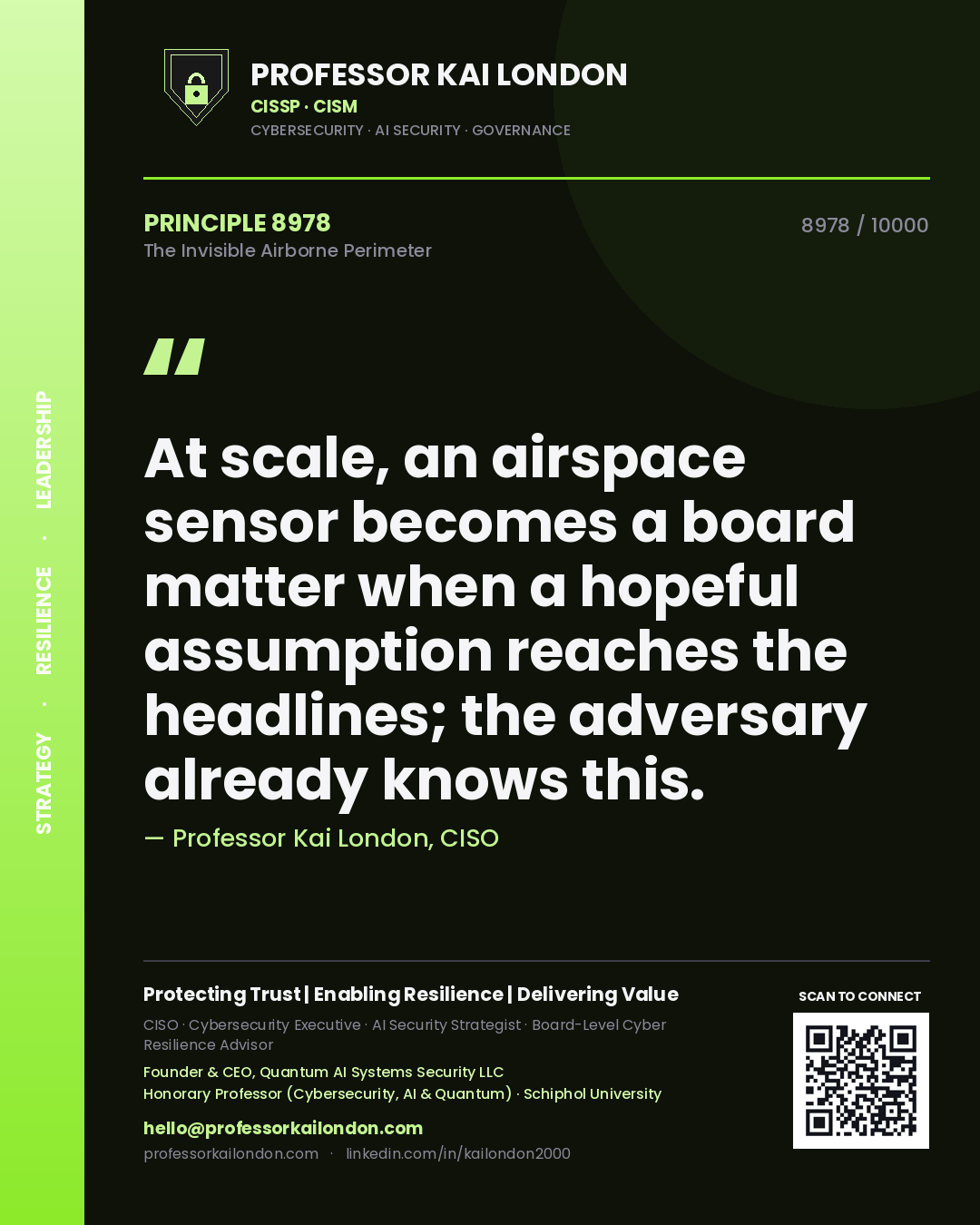 Quote card by Professor Kai London reading 'At scale, an airspace sensor becomes a board matter when a hopeful assumption reaches the headlines; the adversary already knows this.'. From the book The Invisible Airborne Perimeter.