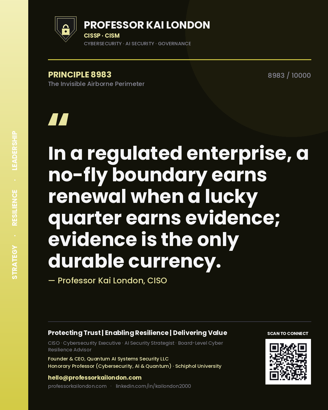 Quote card by Professor Kai London reading 'In a regulated enterprise, a no-fly boundary earns renewal when a lucky quarter earns evidence; evidence is the only durable currency.'. From the book The Invisible Airborne Perimeter.