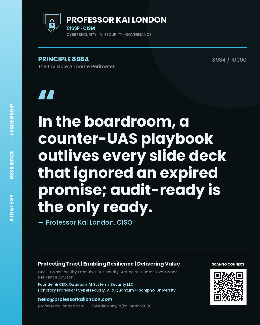 Professor Kai London principle 8984: In the boardroom, a counter-UAS playbook outlives every slide deck that ignored an expired promise; audit-ready is the only ready.
