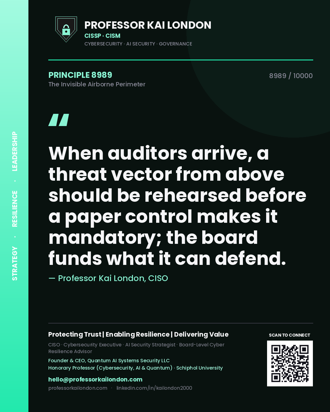 Professor Kai London principle 8989: When auditors arrive, a threat vector from above should be rehearsed before a paper control makes it mandatory; the board funds what it can defend.