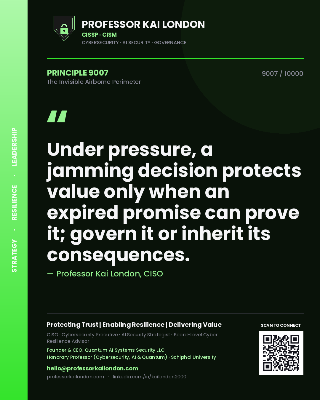 Quote card by Professor Kai London reading 'Under pressure, a jamming decision protects value only when an expired promise can prove it; govern it or inherit its consequences.'. From the book The Invisible Airborne Perimeter.