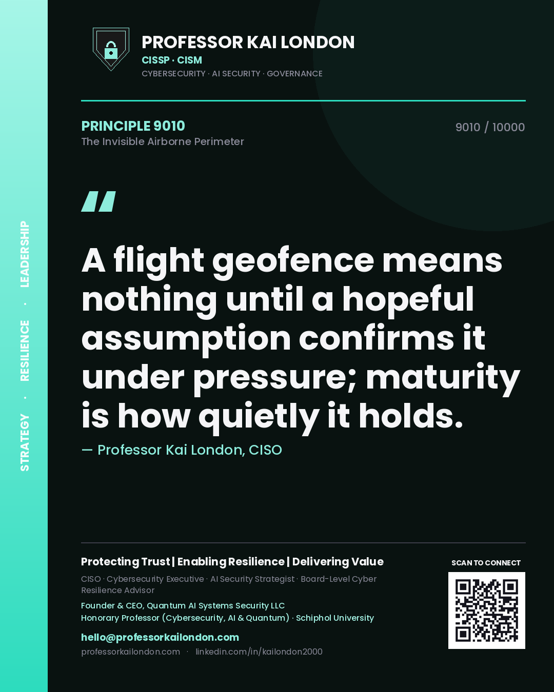 Quote card by Professor Kai London reading 'A flight geofence means nothing until a hopeful assumption confirms it under pressure; maturity is how quietly it holds.'. From the book The Invisible Airborne Perimeter.