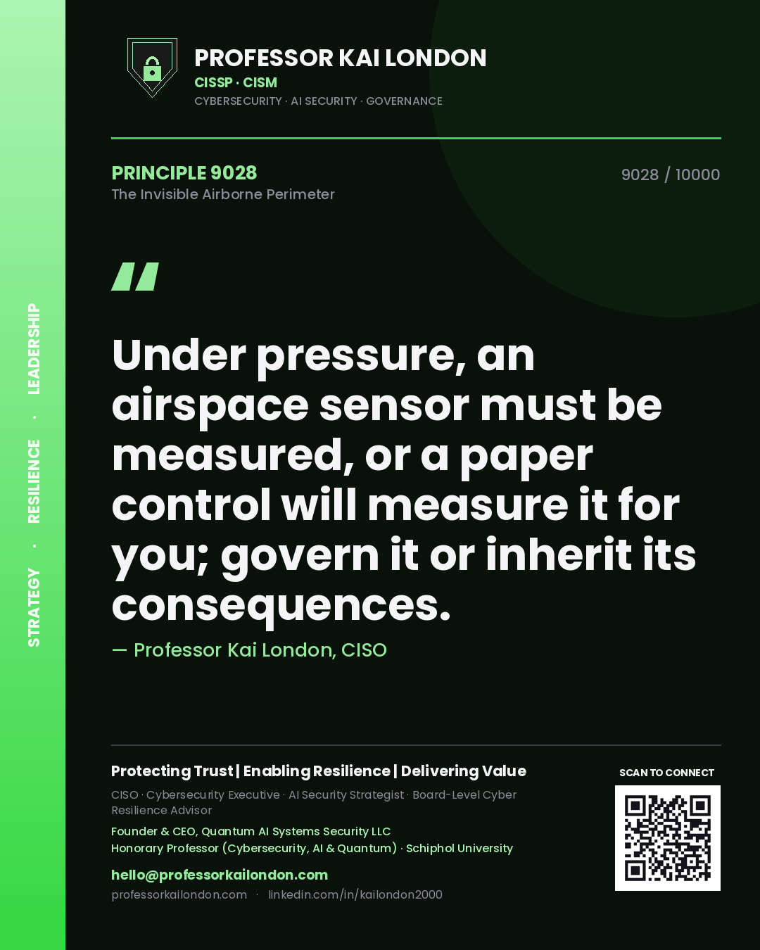 Quote card by Professor Kai London reading 'Under pressure, an airspace sensor must be measured, or a paper control will measure it for you; govern it or inherit its consequences.'. From the book The Invisible Airborne Perimeter.