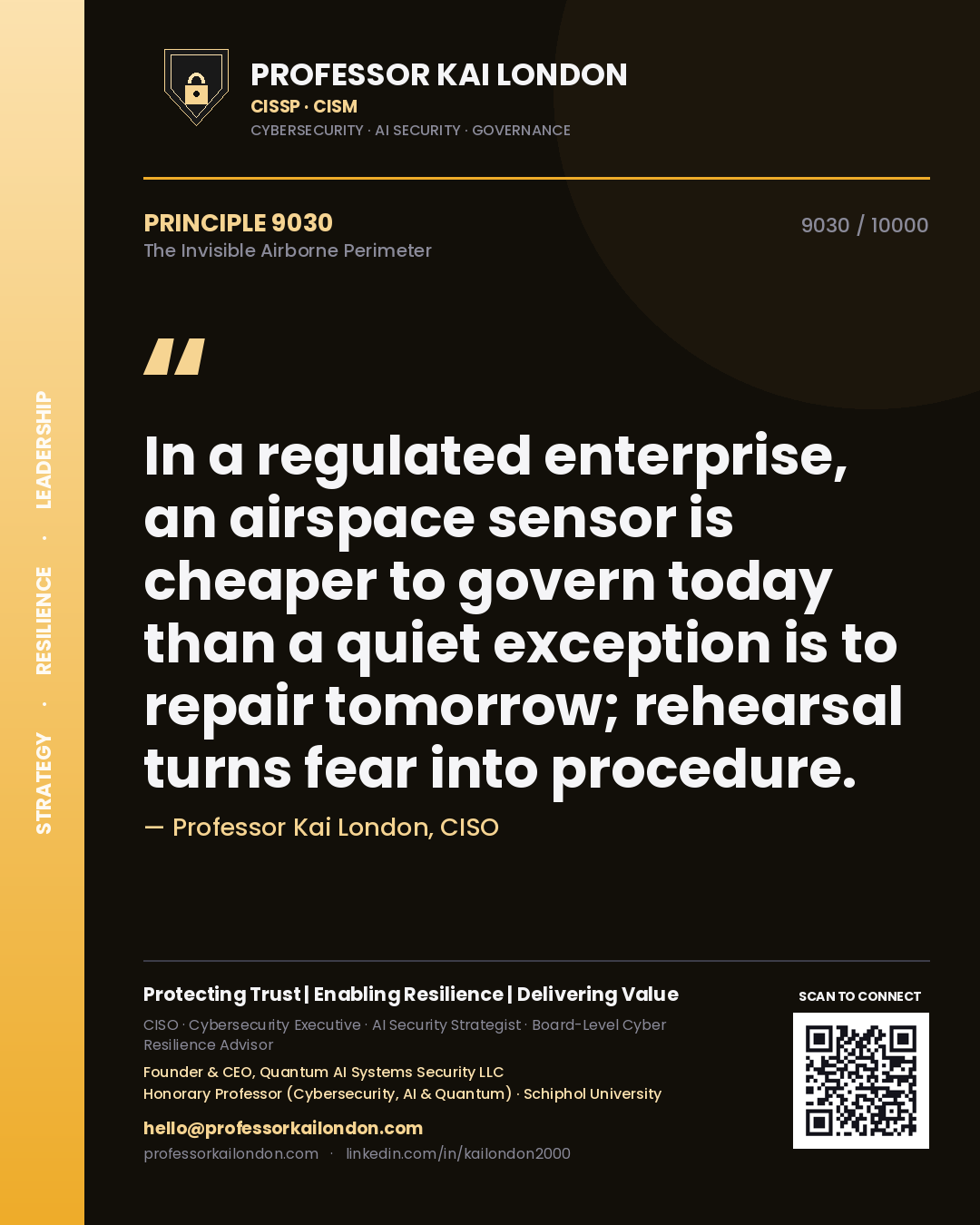 Quote card by Professor Kai London reading 'In a regulated enterprise, an airspace sensor is cheaper to govern today than a quiet exception is to repair tomorrow; rehearsal turns fear into procedure.'. From the book The Invisible Airborne Perimeter.