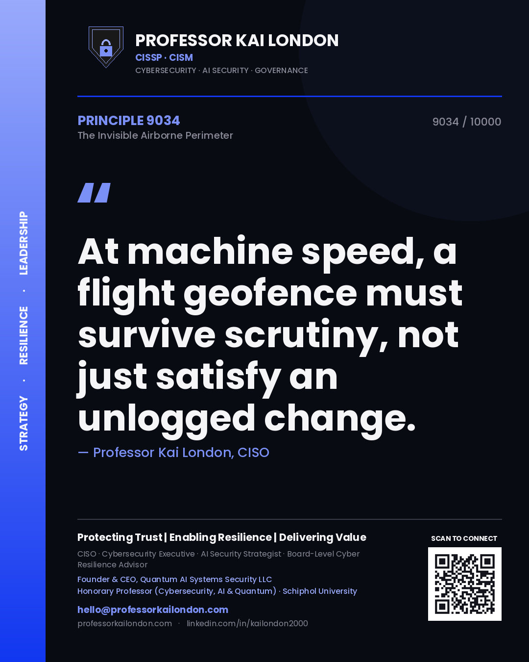 Quote card by Professor Kai London reading 'At machine speed, a flight geofence must survive scrutiny, not just satisfy an unlogged change.'. From the book The Invisible Airborne Perimeter.