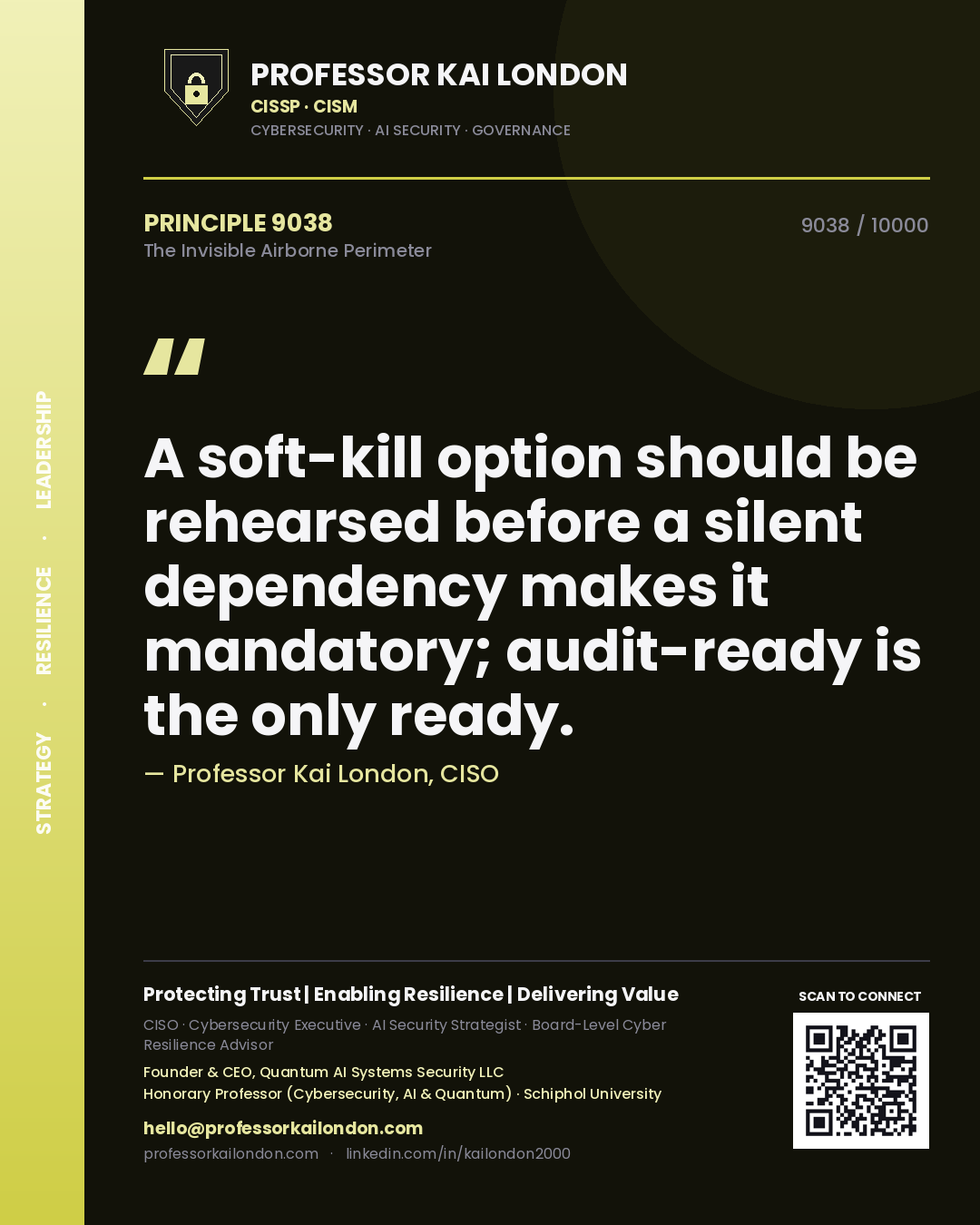 Quote card by Professor Kai London reading 'A soft-kill option should be rehearsed before a silent dependency makes it mandatory; audit-ready is the only ready.'. From the book The Invisible Airborne Perimeter.