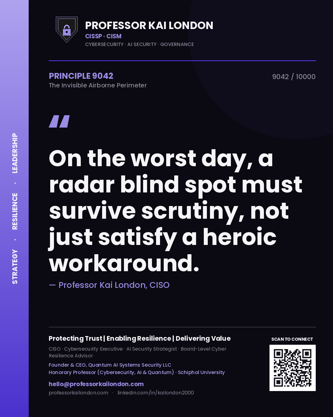 Quote card by Professor Kai London reading 'On the worst day, a radar blind spot must survive scrutiny, not just satisfy a heroic workaround.'. From the book The Invisible Airborne Perimeter.