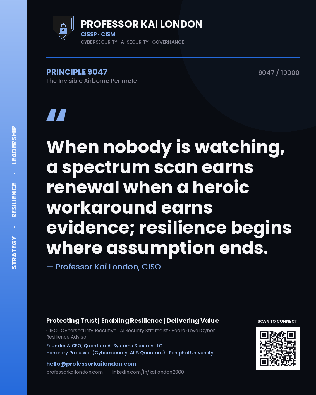 Professor Kai London principle 9047: When nobody is watching, a spectrum scan earns renewal when a heroic workaround earns evidence; resilience begins where assumption ends.
