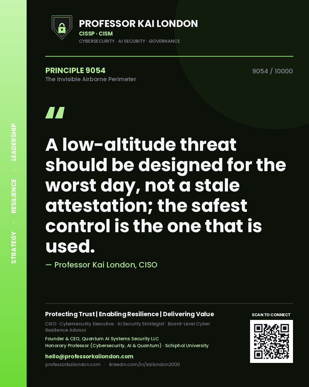 Professor Kai London principle 9054: A low-altitude threat should be designed for the worst day, not a stale attestation; the safest control is the one that is used.