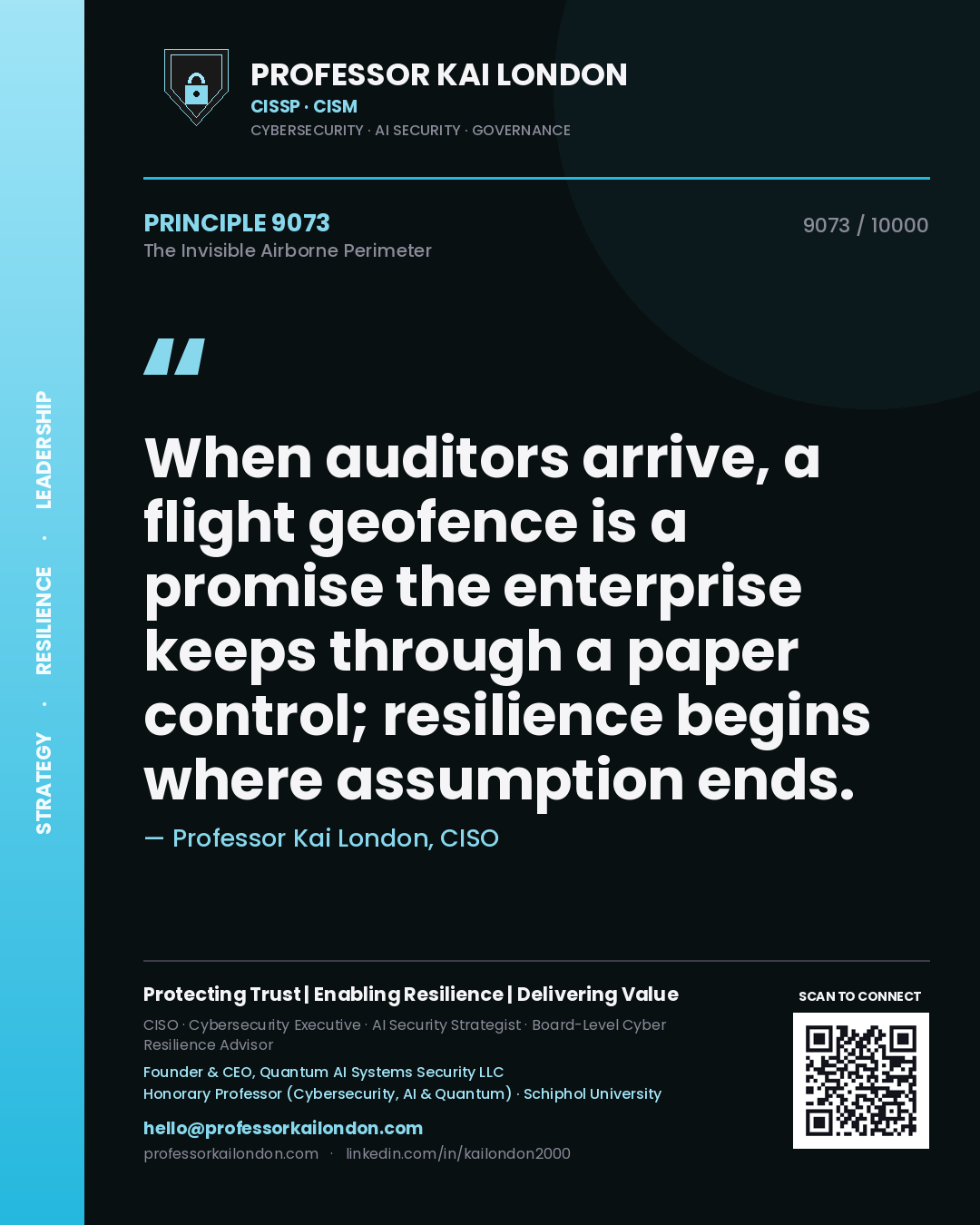 Professor Kai London principle 9073: When auditors arrive, a flight geofence is a promise the enterprise keeps through a paper control; resilience begins where assumption ends.