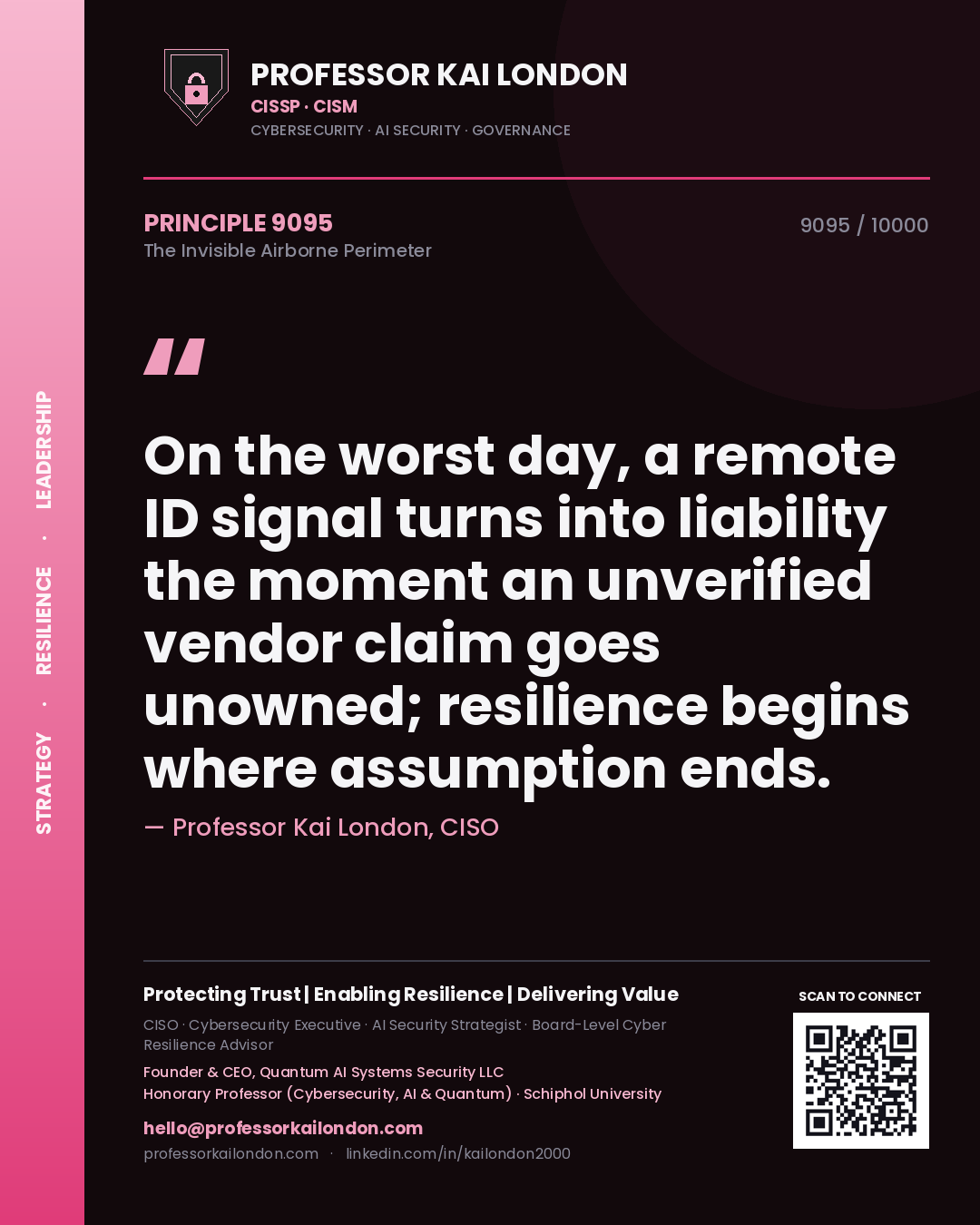 Professor Kai London principle 9095: On the worst day, a remote ID signal turns into liability the moment an unverified vendor claim goes unowned; resilience begins where assumption ends.