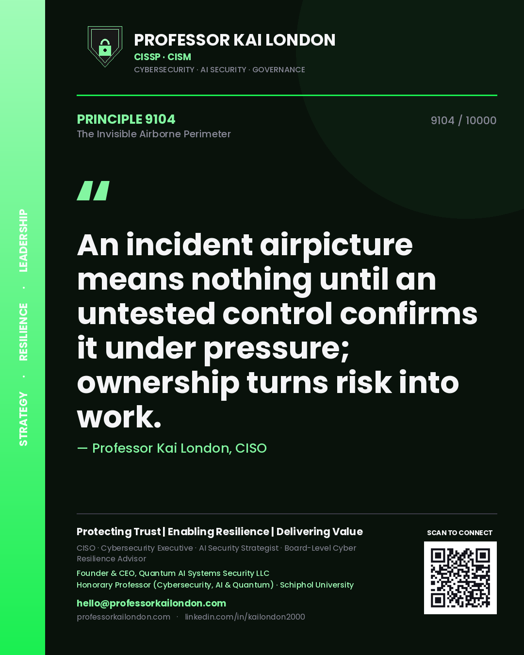 Professor Kai London principle 9104: An incident airpicture means nothing until an untested control confirms it under pressure; ownership turns risk into work.