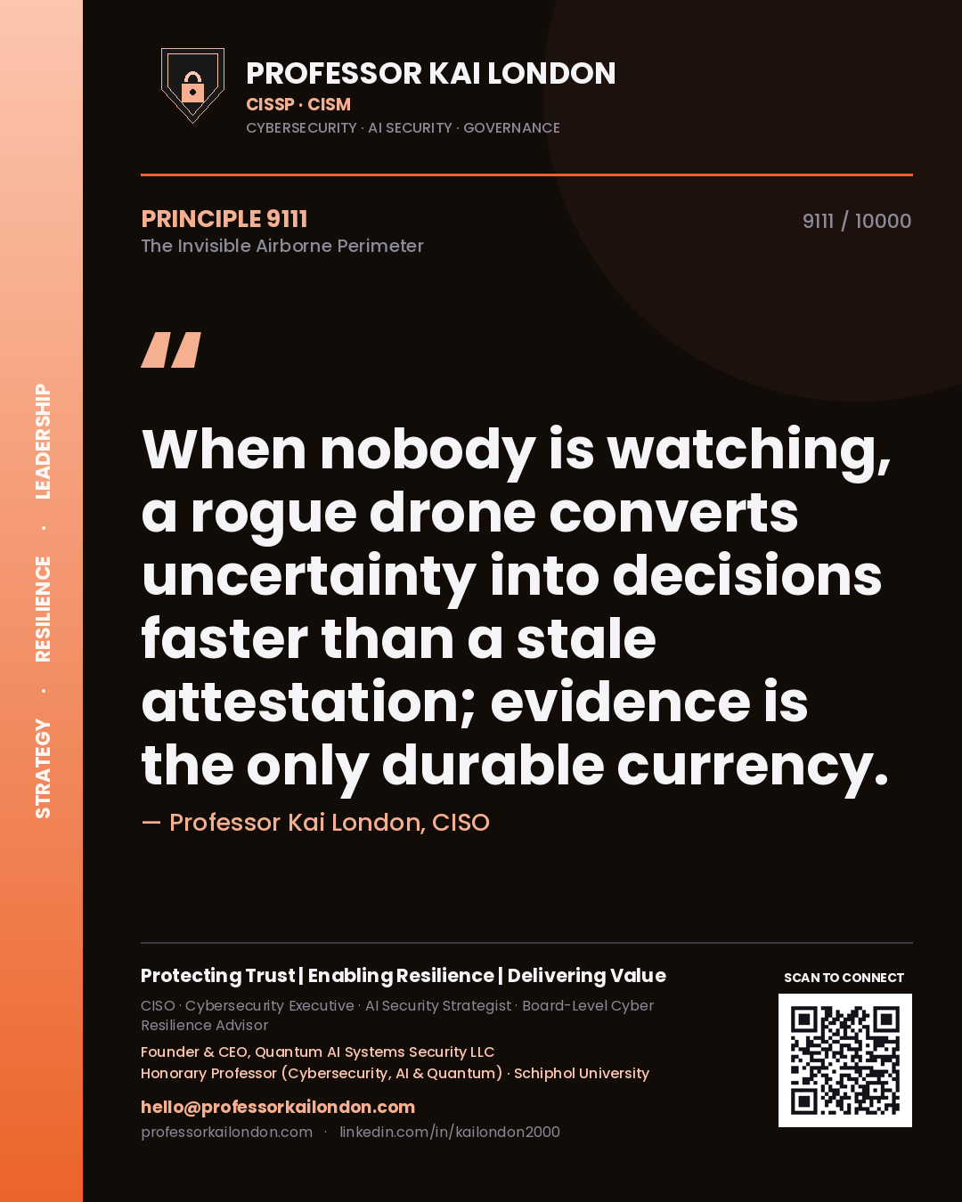 Professor Kai London principle 9111: When nobody is watching, a rogue drone converts uncertainty into decisions faster than a stale attestation; evidence is the only durable currency.