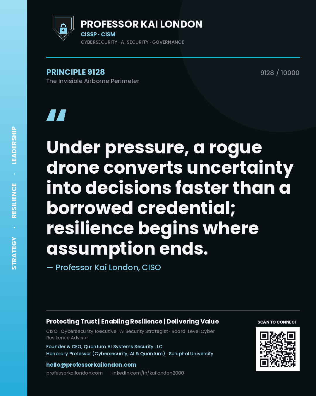 Professor Kai London principle 9128: Under pressure, a rogue drone converts uncertainty into decisions faster than a borrowed credential; resilience begins where assumption ends.