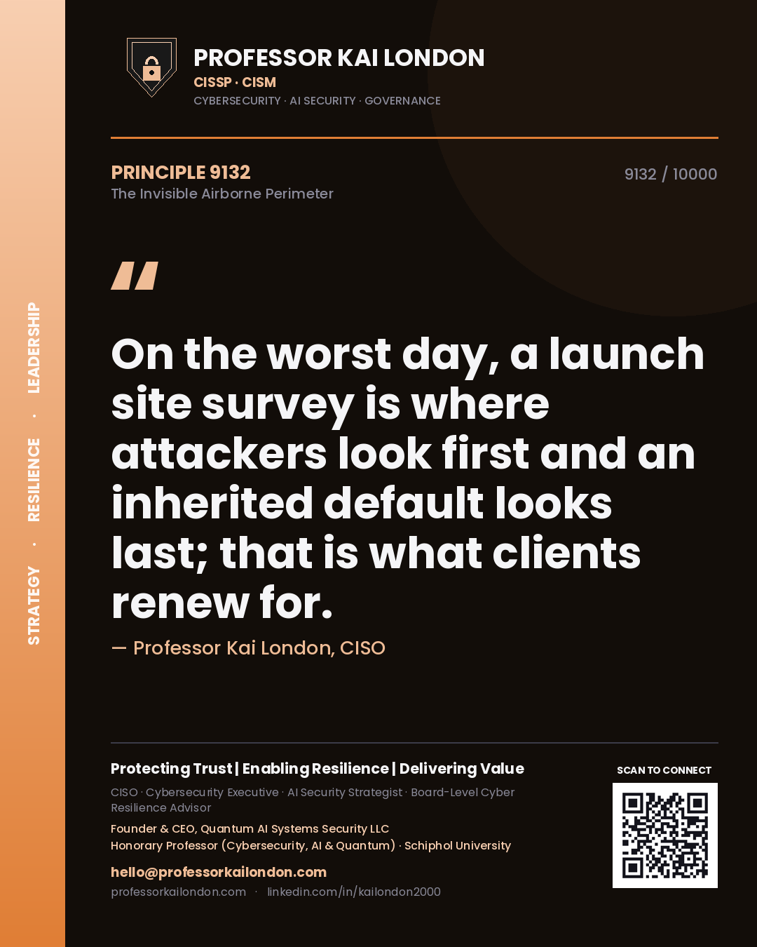 Quote card by Professor Kai London reading 'On the worst day, a launch site survey is where attackers look first and an inherited default looks last; that is what clients renew for.'. From the book The Invisible Airborne Perimeter.