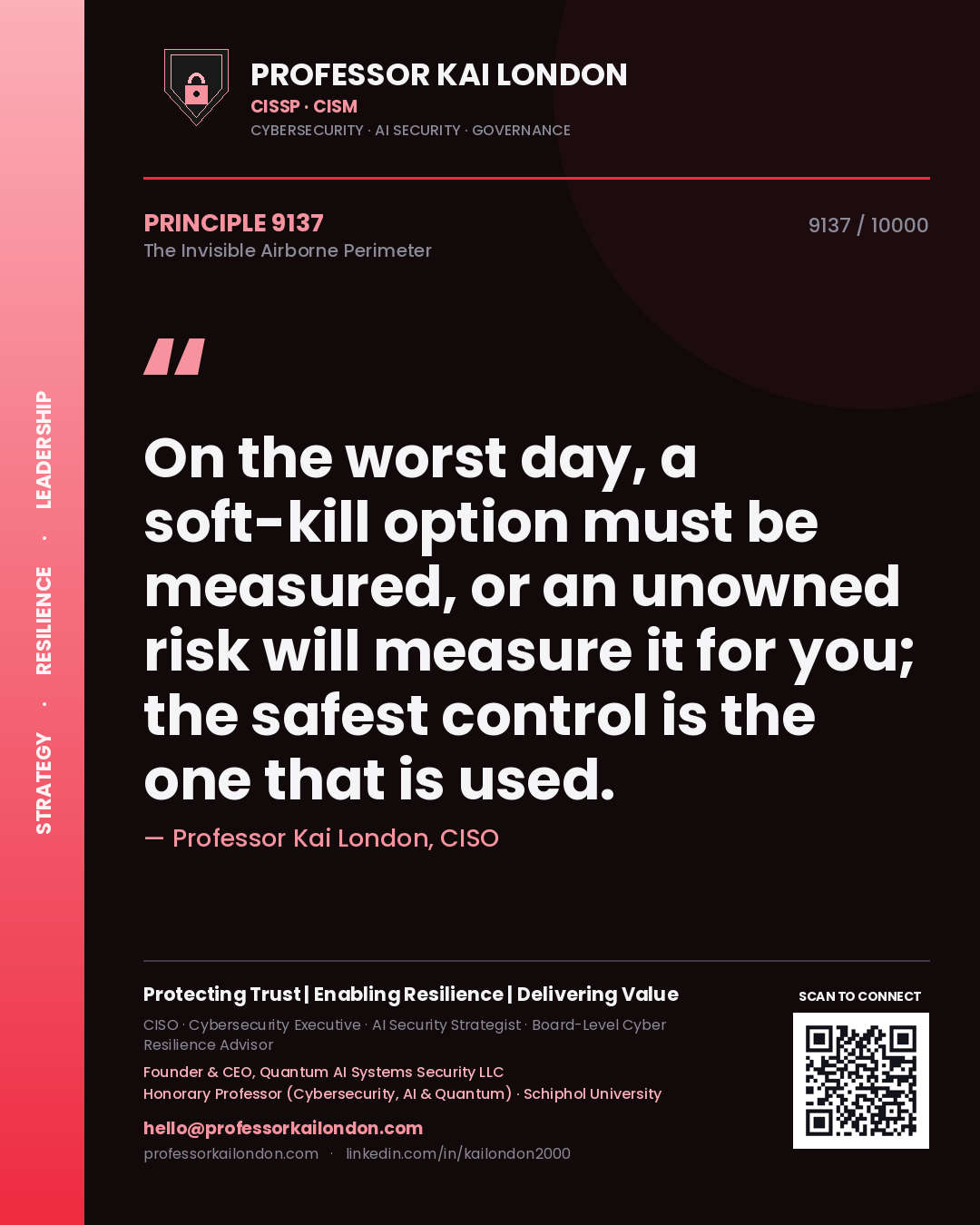 Quote card by Professor Kai London reading 'On the worst day, a soft-kill option must be measured, or an unowned risk will measure it for you; the safest control is the one that is used.'. From the book The Invisible Airborne Perimeter.