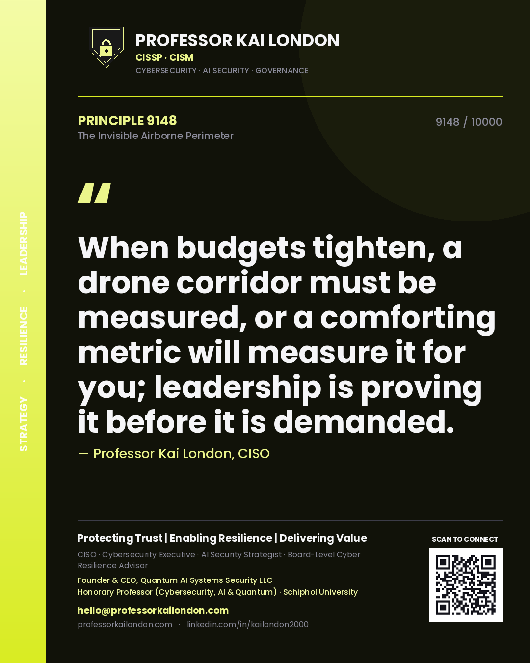 Quote card by Professor Kai London reading 'When budgets tighten, a drone corridor must be measured, or a comforting metric will measure it for you; leadership is proving it before it is demanded.'. From the book The Invisible Airborne Perimeter.