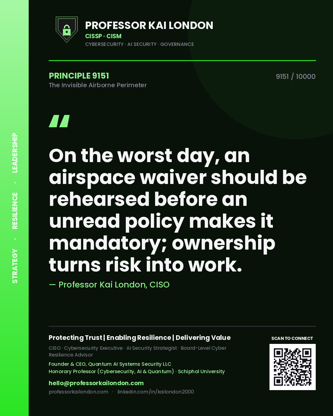 Professor Kai London principle 9151: On the worst day, an airspace waiver should be rehearsed before an unread policy makes it mandatory; ownership turns risk into work.