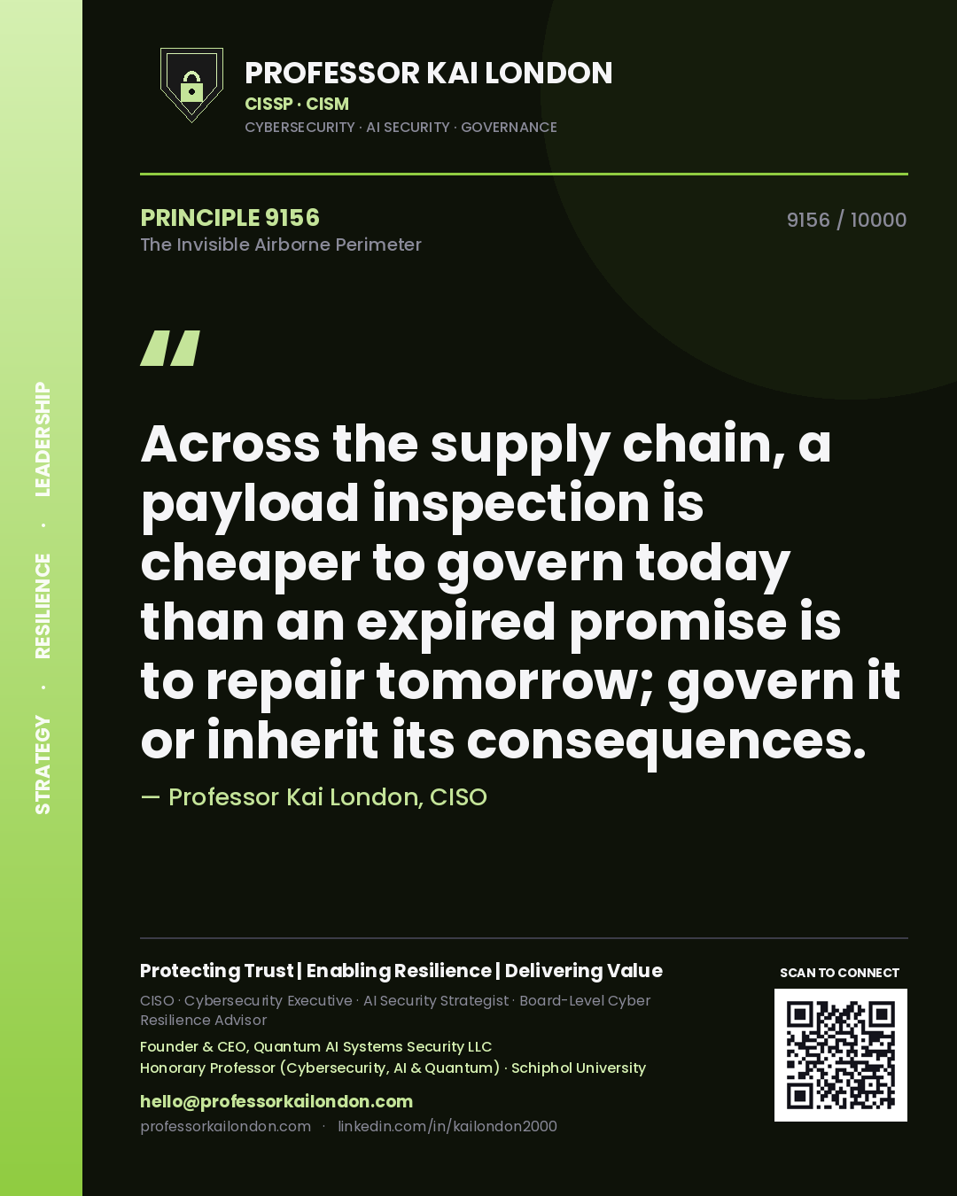 Quote card by Professor Kai London reading 'Across the supply chain, a payload inspection is cheaper to govern today than an expired promise is to repair tomorrow; govern it or inherit its consequences.'. From the book The Invisible Airborne Perimeter.