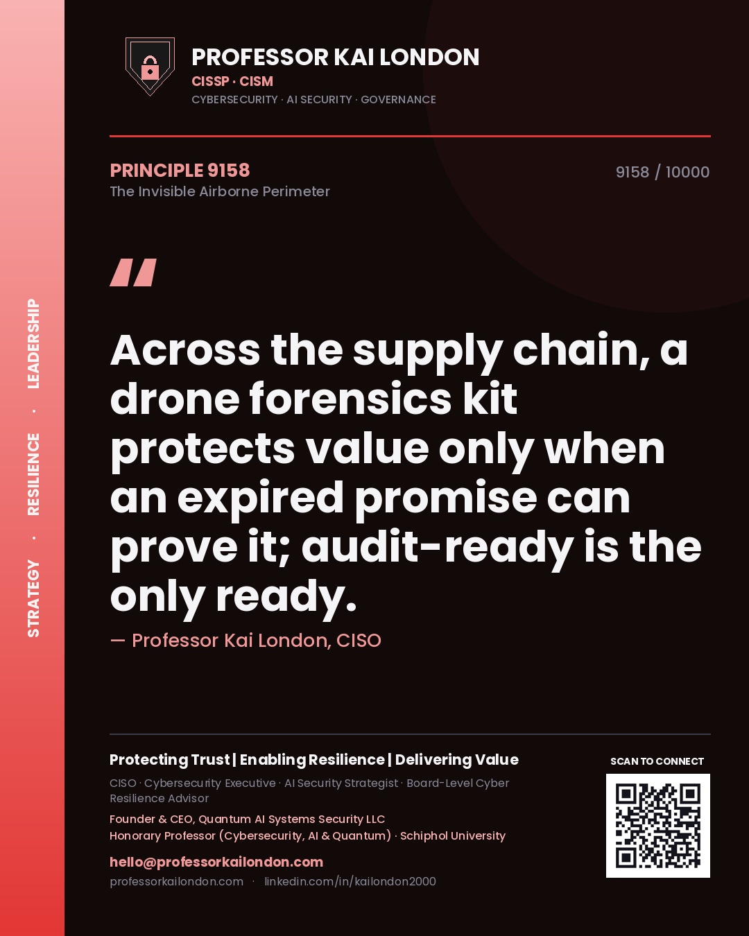 Quote card by Professor Kai London reading 'Across the supply chain, a drone forensics kit protects value only when an expired promise can prove it; audit-ready is the only ready.'. From the book The Invisible Airborne Perimeter.
