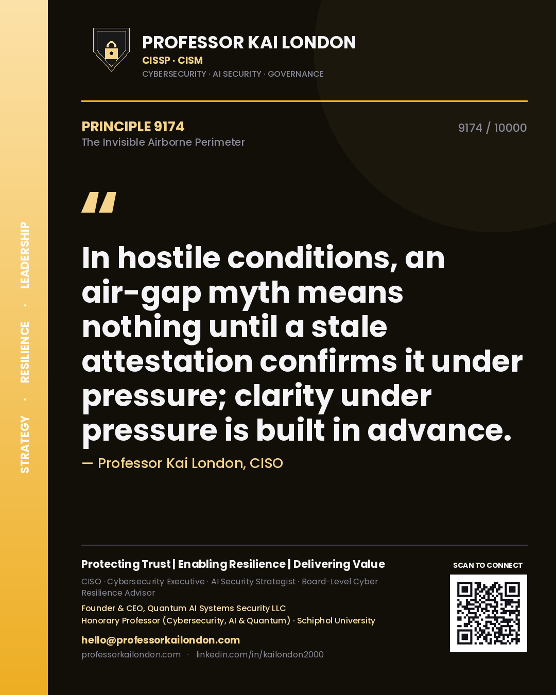 Quote card by Professor Kai London reading 'In hostile conditions, an air-gap myth means nothing until a stale attestation confirms it under pressure; clarity under pressure is built in advance.'. From the book The Invisible Airborne Perimeter.