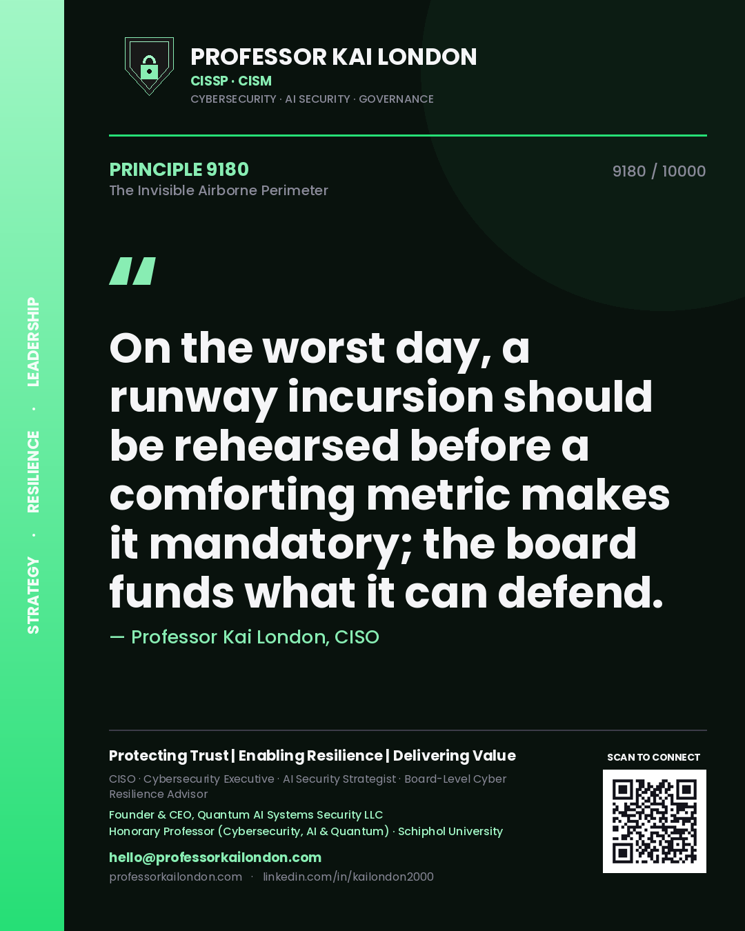 Professor Kai London principle 9180: On the worst day, a runway incursion should be rehearsed before a comforting metric makes it mandatory; the board funds what it can defend.