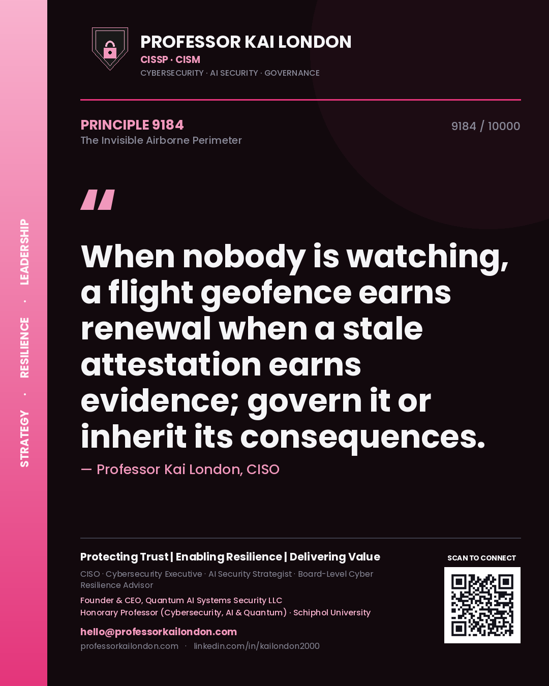 Quote card by Professor Kai London reading 'When nobody is watching, a flight geofence earns renewal when a stale attestation earns evidence; govern it or inherit its consequences.'. From the book The Invisible Airborne Perimeter.