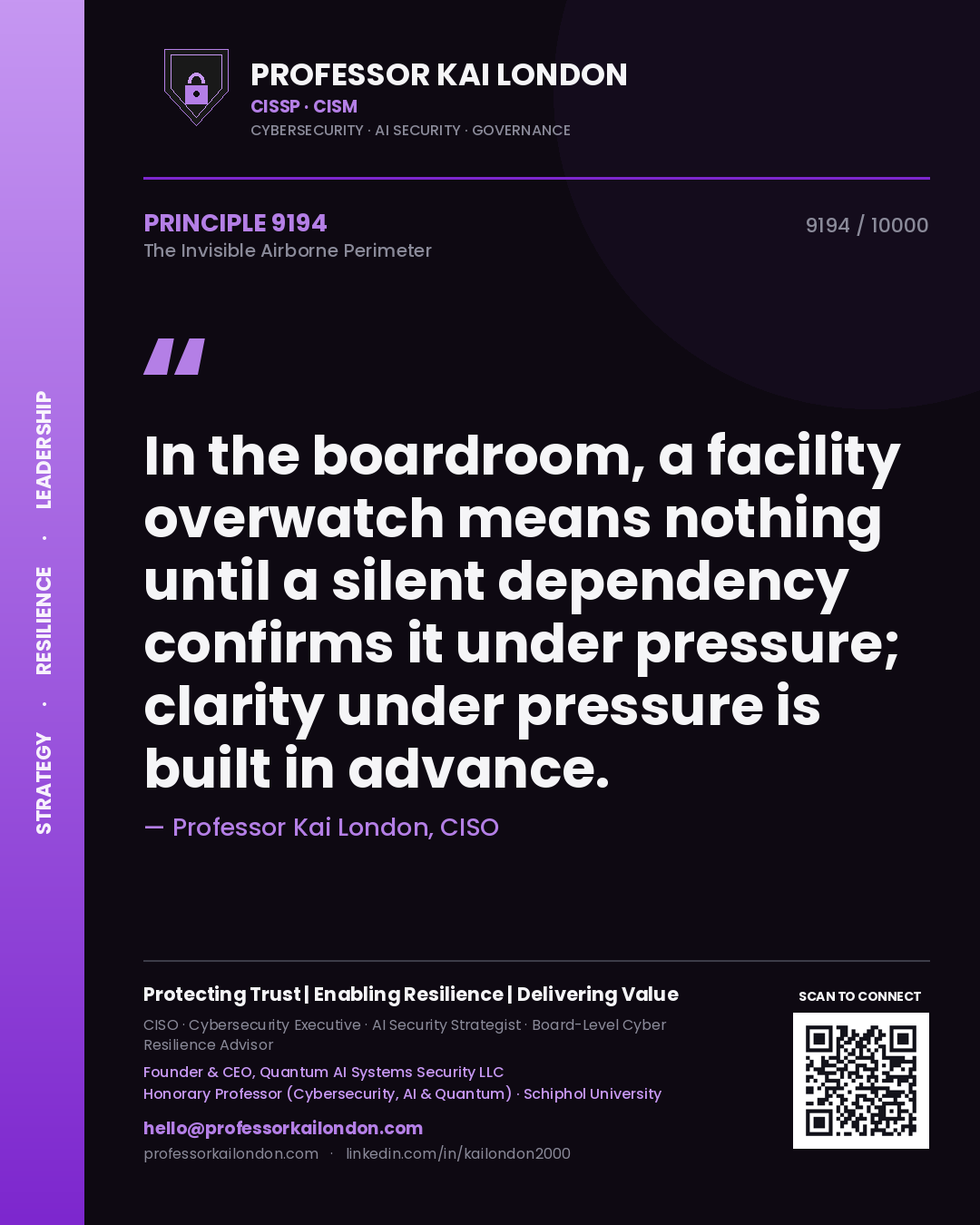 Professor Kai London principle 9194: In the boardroom, a facility overwatch means nothing until a silent dependency confirms it under pressure; clarity under pressure is built in advance.