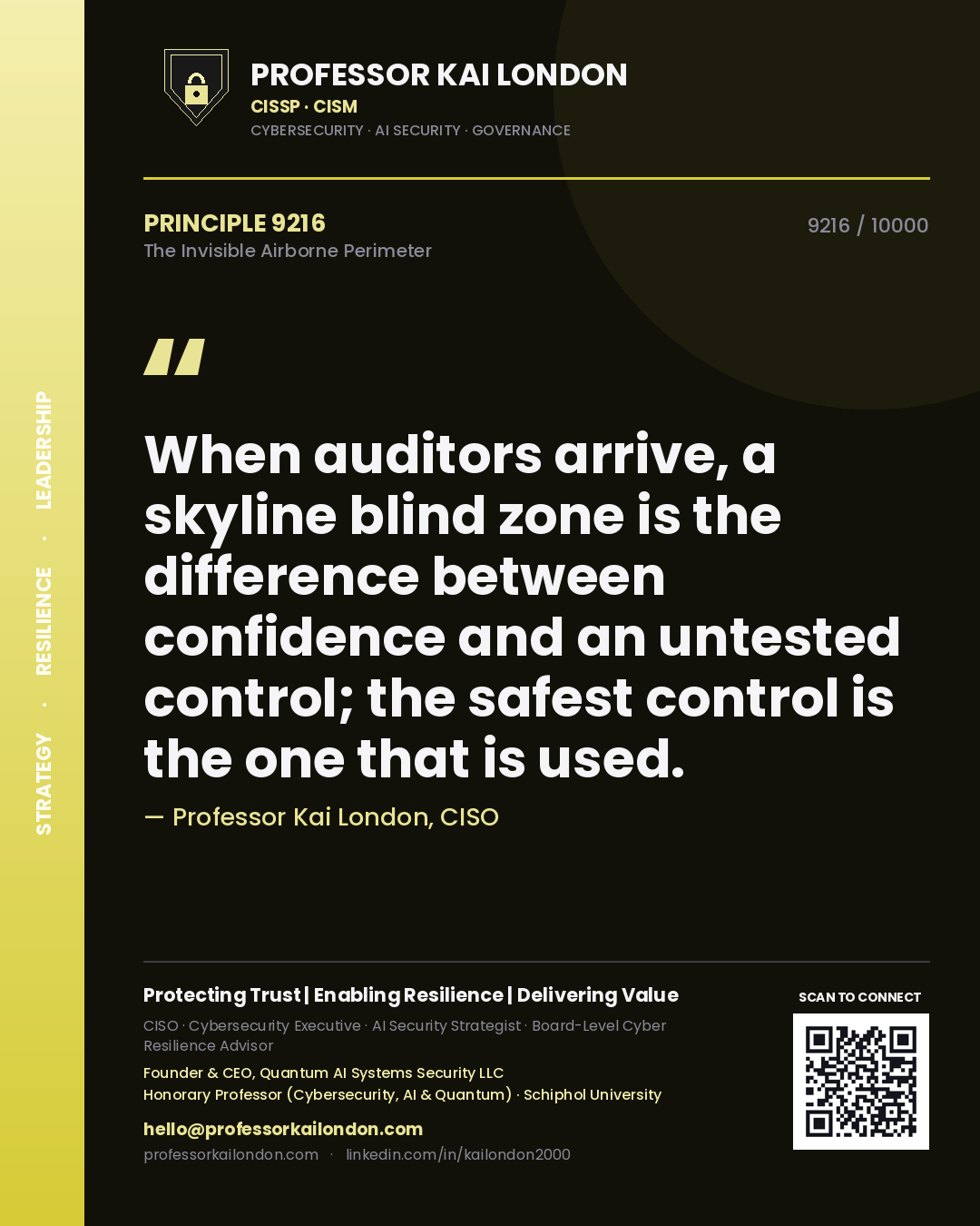 Professor Kai London principle 9216: When auditors arrive, a skyline blind zone is the difference between confidence and an untested control; the safest control is the one that is used.