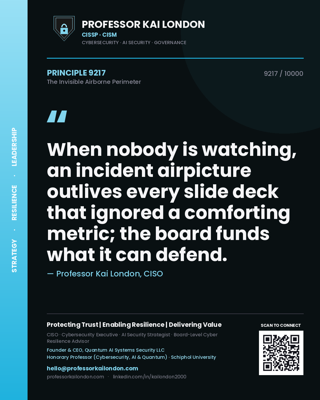Quote card by Professor Kai London reading 'When nobody is watching, an incident airpicture outlives every slide deck that ignored a comforting metric; the board funds what it can defend.'. From the book The Invisible Airborne Perimeter.