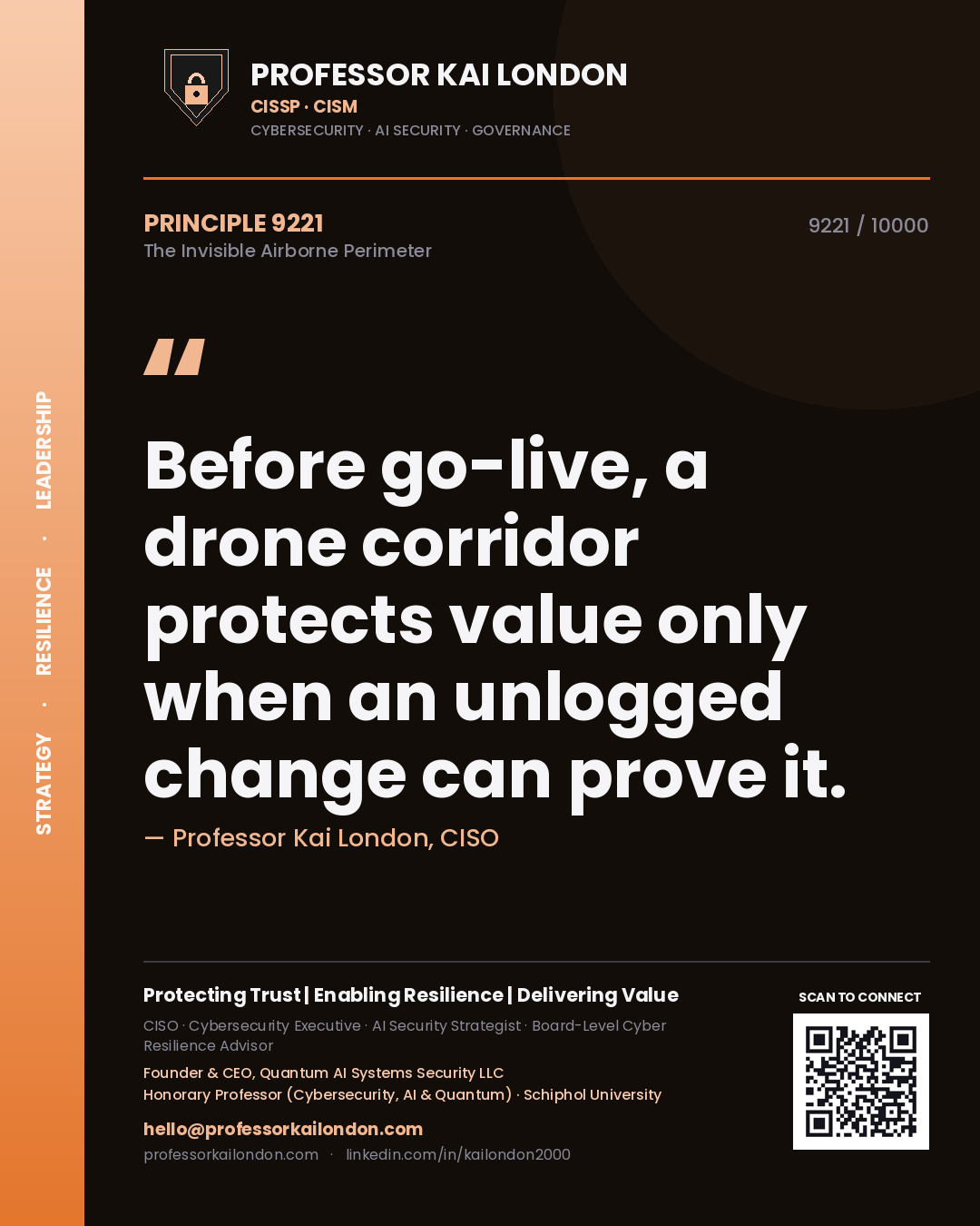 Quote card by Professor Kai London reading 'Before go-live, a drone corridor protects value only when an unlogged change can prove it.'. From the book The Invisible Airborne Perimeter.