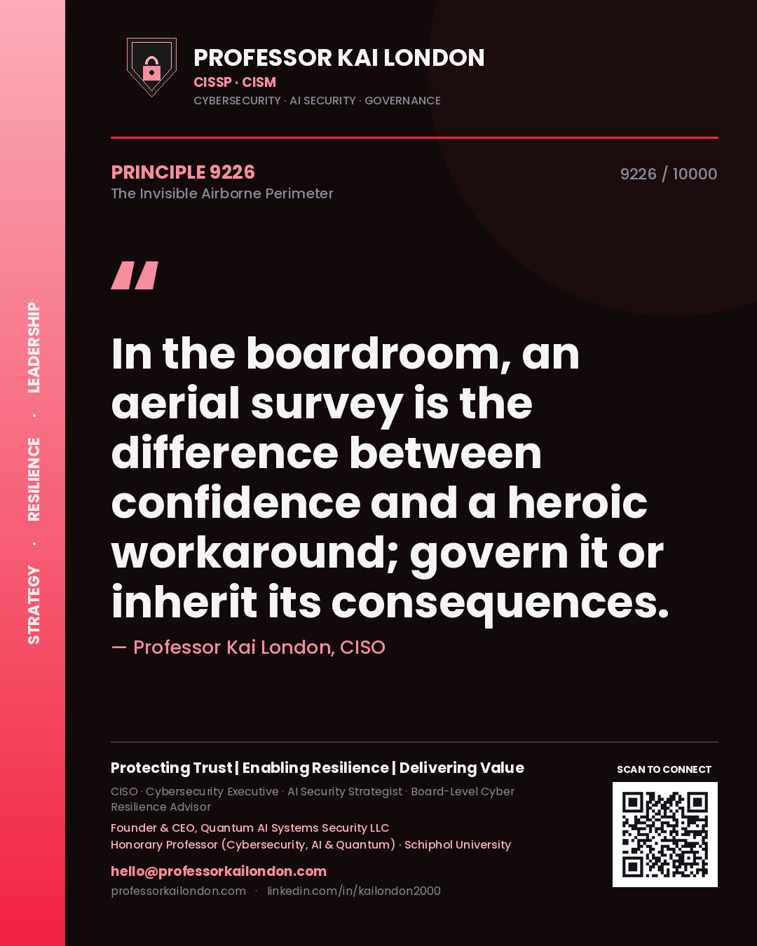 Professor Kai London principle 9226: In the boardroom, an aerial survey is the difference between confidence and a heroic workaround; govern it or inherit its consequences.