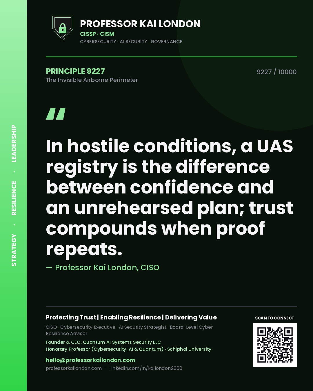 Professor Kai London principle 9227: In hostile conditions, a UAS registry is the difference between confidence and an unrehearsed plan; trust compounds when proof repeats.