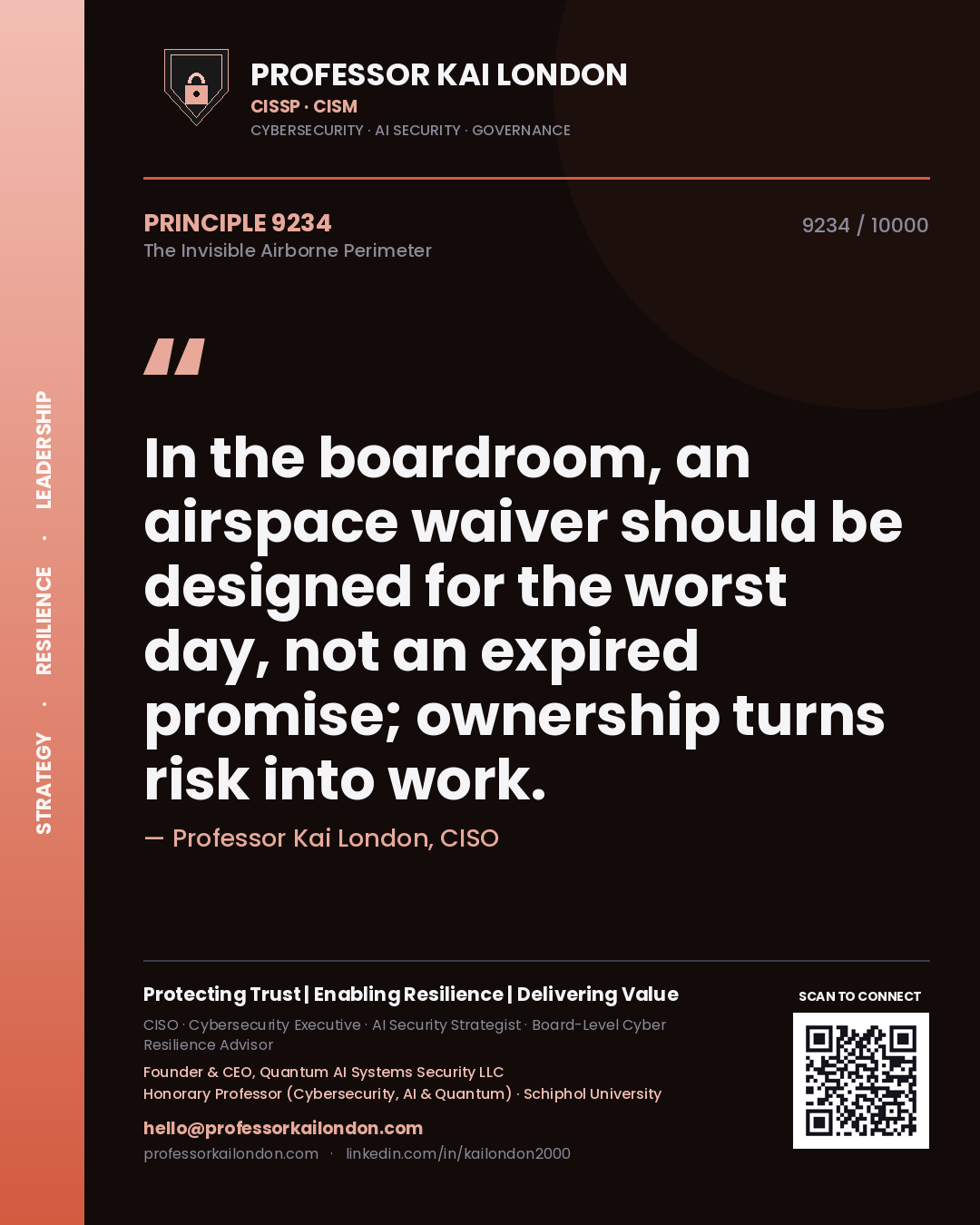 Quote card by Professor Kai London reading 'In the boardroom, an airspace waiver should be designed for the worst day, not an expired promise; ownership turns risk into work.'. From the book The Invisible Airborne Perimeter.