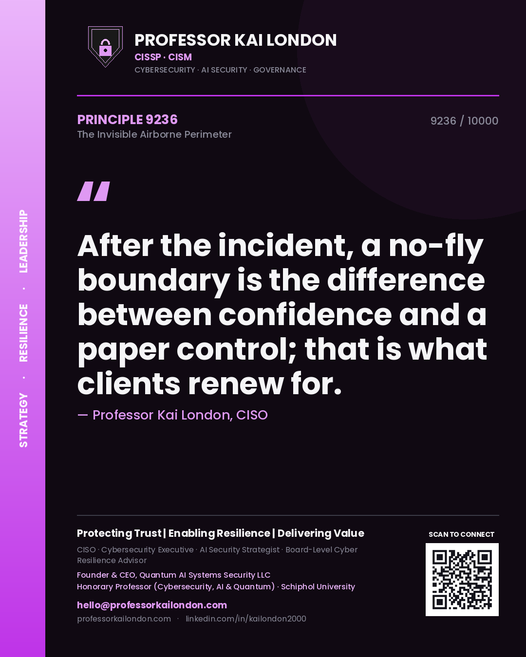 Quote card by Professor Kai London reading 'After the incident, a no-fly boundary is the difference between confidence and a paper control; that is what clients renew for.'. From the book The Invisible Airborne Perimeter.