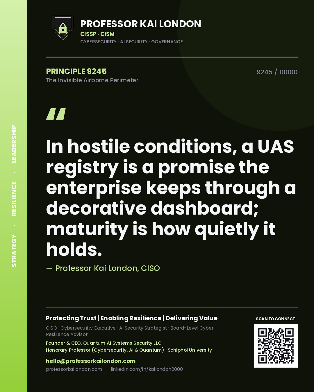 Quote card by Professor Kai London reading 'In hostile conditions, a UAS registry is a promise the enterprise keeps through a decorative dashboard; maturity is how quietly it holds.'. From the book The Invisible Airborne Perimeter.