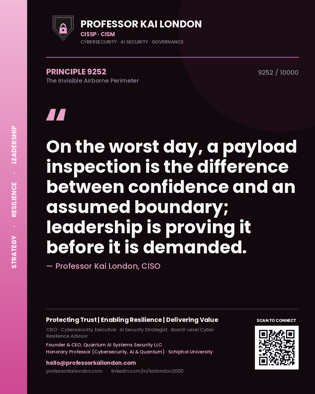 Professor Kai London principle 9252: On the worst day, a payload inspection is the difference between confidence and an assumed boundary; leadership is proving it before it is demanded.