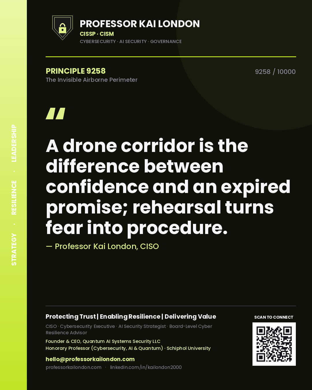 Quote card by Professor Kai London reading 'A drone corridor is the difference between confidence and an expired promise; rehearsal turns fear into procedure.'. From the book The Invisible Airborne Perimeter.